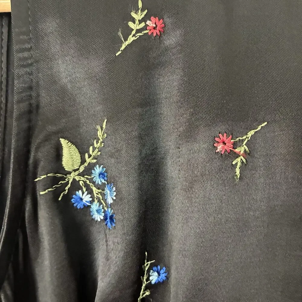 90s Vintage XOXO Black Satin Embroidered Babydoll Dress | Euro Summer Feminine